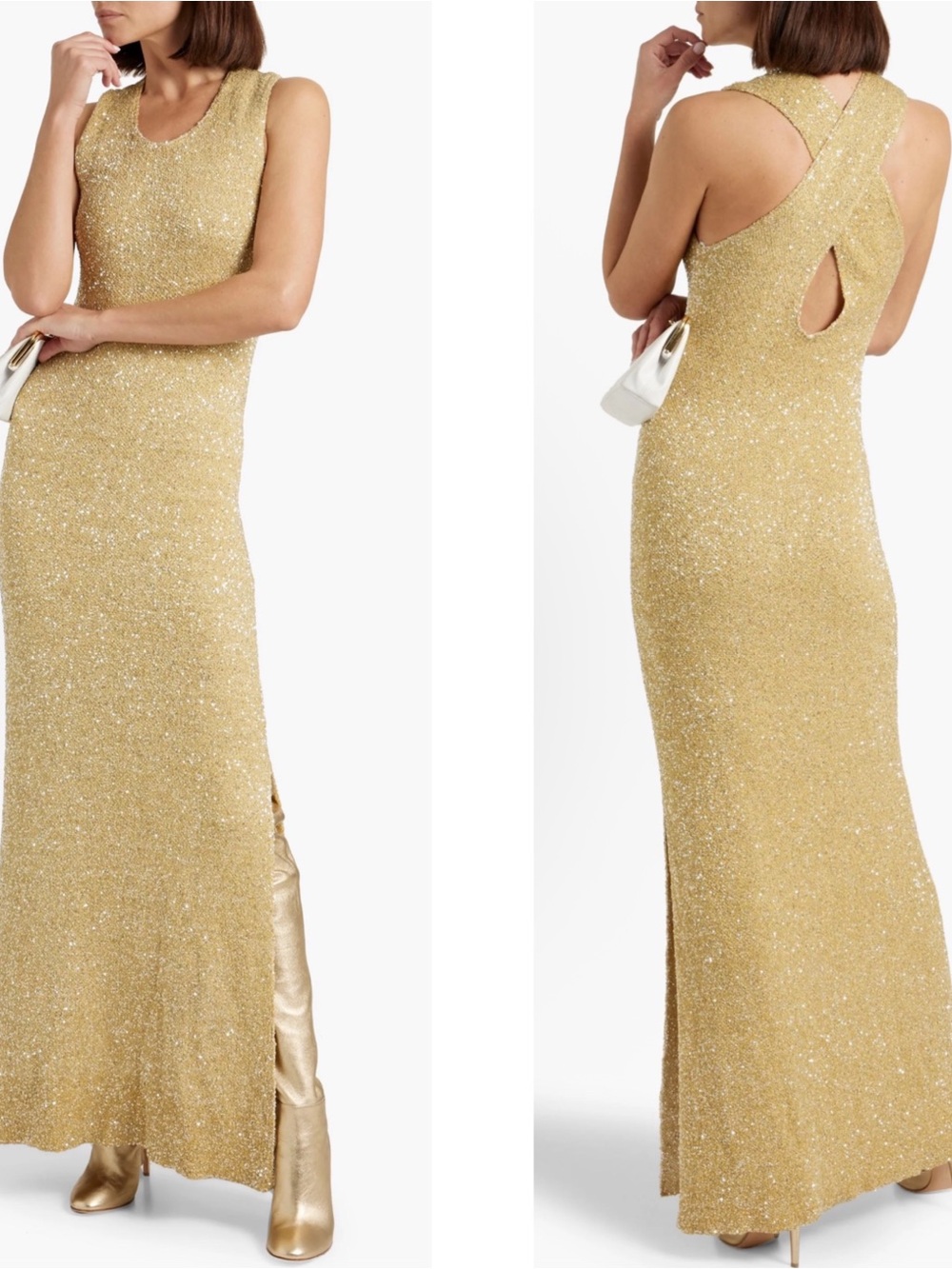 PROENZA SCHOULER Sequin Embellished Knit Crochet Cross Back Gold Maxi Dress Sz M